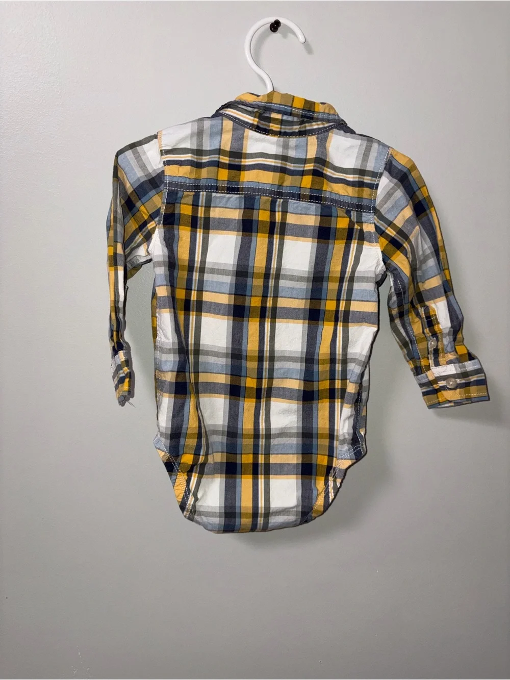 Oshkosh B’gosh Yellow Gray White Plaid Bubble Romper Collared Front Pocket 18M